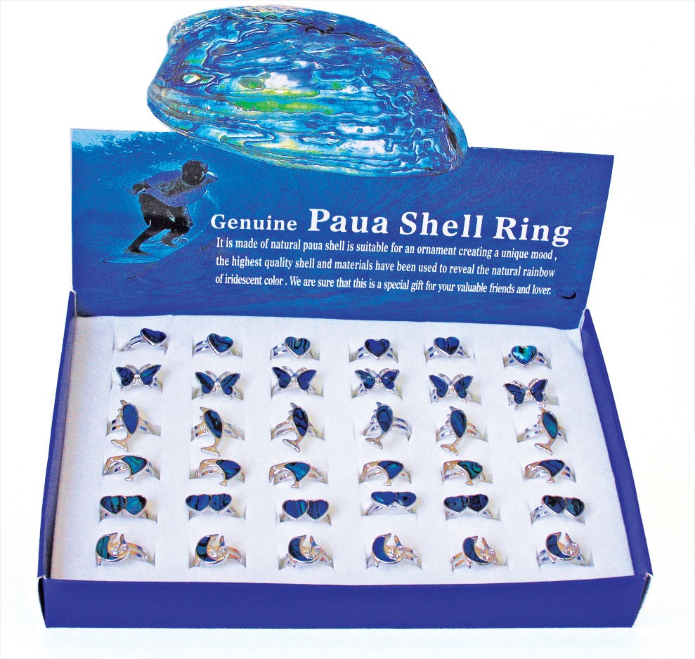 SRPAUA - RING TRAYS PAUA SHELL SHAPES - 36 Rings (3 dozen) in a display tray